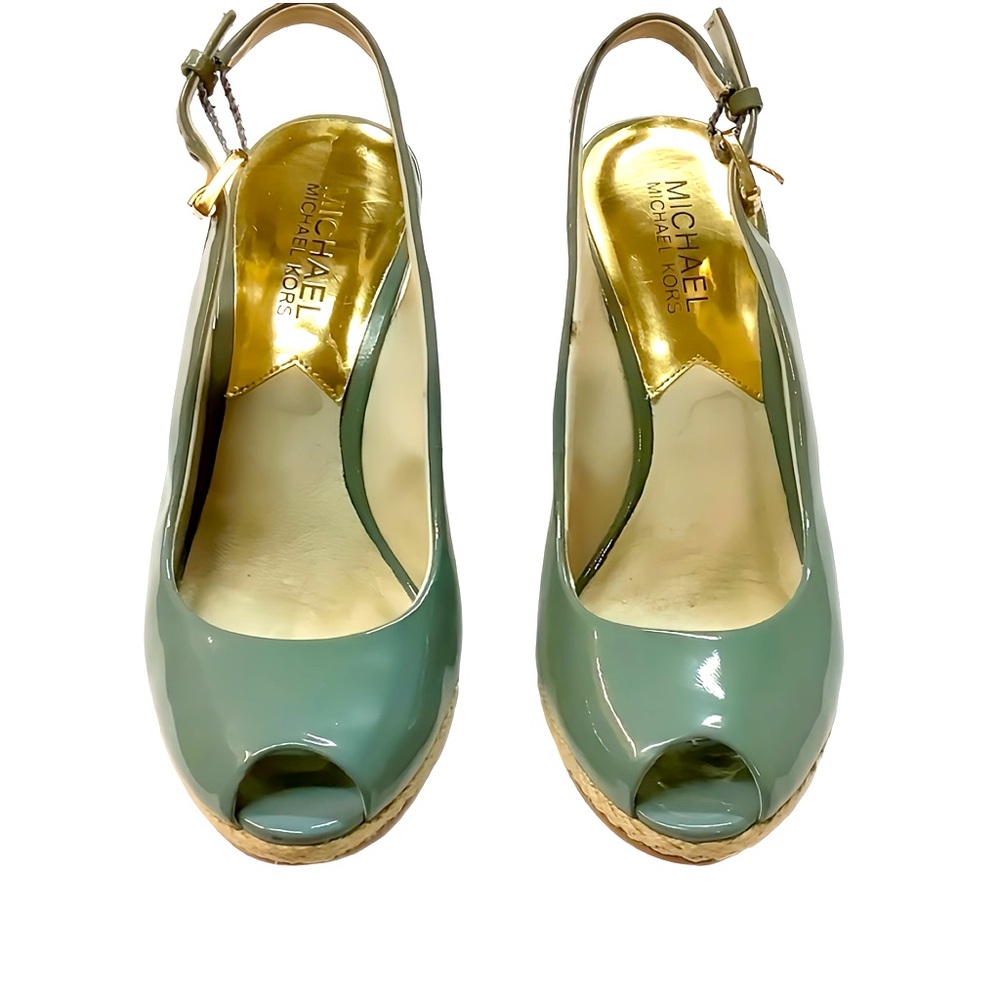 Michael Kors Green Patent Leather Peep Toe Wedge Shoes Sandals Size 6